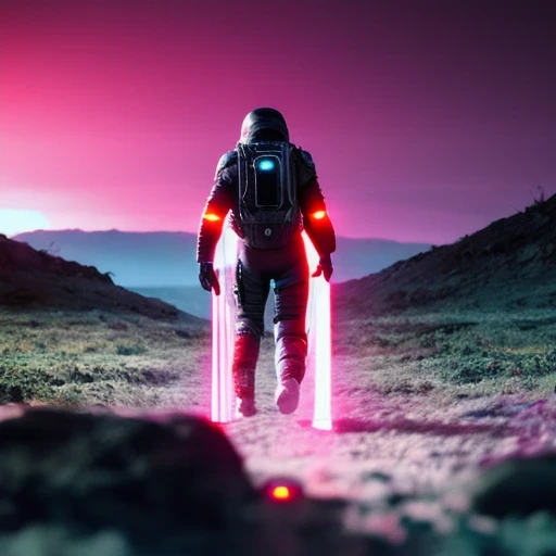 a photo of death stranding scenery, scifi style,anatomically correct human male figure in astronaut suit in field,helmet glowing pink, dynamic lighting, atmosphere lighting, hyper detail features, ray tracing, high flare, 3D, cinematic lighting, dark shadows, unrealistic Engine 5 rendering, hyper detail,trending on artstation, 4k,extremely high details, ultra hd, hdr, 8k, extremely high details