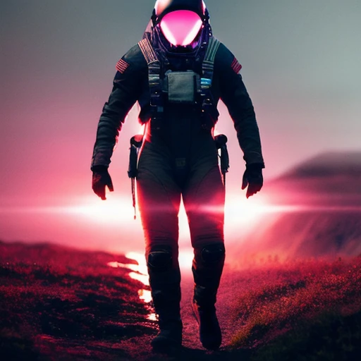 a photo of death stranding scenery, scifi style,anatomically correct human male figure in astronaut suit in field,helmet glowing pink, dynamic lighting, atmosphere lighting, hyper detail features, ray tracing, high flare, 3D, cinematic lighting, dark shadows, unrealistic Engine 5 rendering, hyper detail,trending on artstation, 4k,extremely high details, ultra hd, hdr, 8k, extremely high details