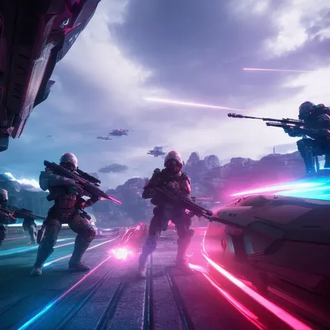 art of A very intense futuristic science-fiction battle scene, battlefiled, 2042, on earth, many futuristic soldiers men males in military suit and they are far beyond, center focus, scifi style, very beautiful detailed sky and clouds, glowing pink and cyan with vivid colors, dynamic lighting, cinematic lighting, neon, atmosphere  lighting,high details,detailed features, ray tracing, high flare, 3D, cinematic lighting, dark shadows, unrealistic Engine 5 rendering,trending on artstation, 4k,extremely high details, ultra hd, hdr, 8k, extremely high details