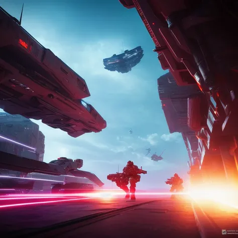 art of A very intense futuristic science-fiction battle scene, battlefiled, 2042, on earth, many futuristic soldiers men males in military suit and they are far beyond, center focus, scifi style, very beautiful detailed sky and clouds, glowing pink and cyan with vivid colors, dynamic lighting, cinematic lighting, neon, atmosphere  lighting,high details,detailed features, ray tracing, high flare, 3D, cinematic lighting, dark shadows, unrealistic Engine 5 rendering,trending on artstation, 4k,extremely high details, ultra hd, hdr, 8k, extremely high details