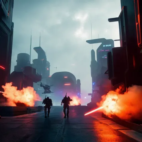 photo of very futuristic cinematic science-fiction battle scene, ultra realistic, battlefield full of gunsmoke, foggy, deep dark atmosphere, men males in military suit in motion, center focus, dramatic scifi style, glowing vivid colors smoke, dynamic lighting, cinematic lighting, neon, atmospheric lighting,high details,detailed features, ray tracing, 3D, cinematic lighting, dark shadows, unrealistic Engine 5 rendering,trending on artstation, 4k,extremely high details, ultra hd, hdr, 8k, extremely high details