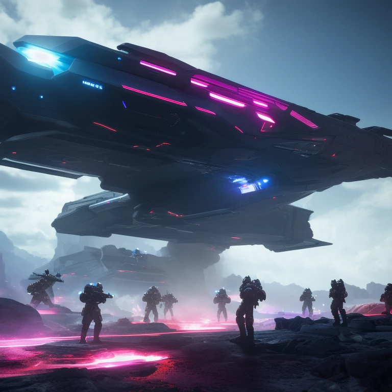 art of A very intense futuristic science-fiction battle scene, battlefiled, 2042, on earth, many futuristic soldiers men males in military suit and they are far beyond, center focus, scifi style, very beautiful detailed sky and clouds, glowing pink and cyan with vivid colors, dynamic lighting, cinematic lighting, neon, atmosphere lighting,high details,detailed features, ray tracing, high flare, 3D, cinematic lighting, dark shadows, unrealistic Engine 5 rendering,trending on artstation, 4k,extremely high details, ultra hd, hdr, 8k, extremely high details