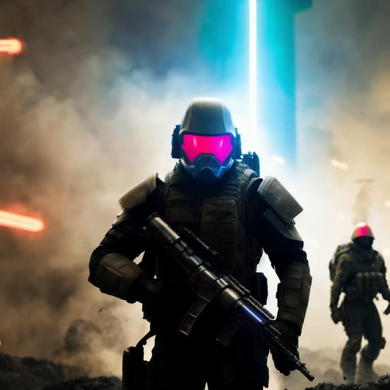 photo of very futuristic cinematic science-fiction battle scene, ultra realistic, battlefield full of gunsmoke, foggy, deep dark atmosphere, men males in military suit in motion, center focus, dramatic scifi style, glowing vivid colors smoke, dynamic lighting, cinematic lighting, neon, atmospheric lighting,high details,detailed features, ray tracing, 3D, cinematic lighting, dark shadows, unrealistic Engine 5 rendering,trending on artstation, 4k,extremely high details, ultra hd, hdr, 8k, extremely high details