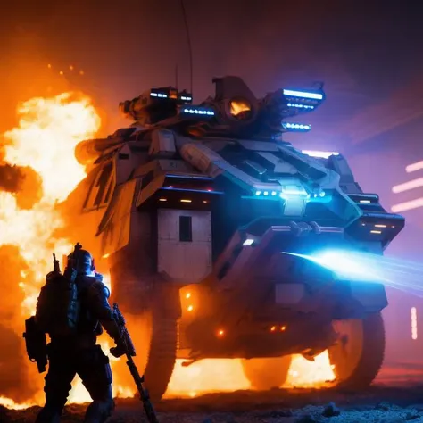photo of very futuristic cinematic science-fiction battle scene, ultra realistic, battlefield full of gunsmoke, foggy, deep dark atmosphere, men males in military suit in motion, center focus, dramatic scifi style, glowing vivid colors smoke, dynamic lighting, cinematic lighting, neon, atmospheric lighting,high details,detailed features, ray tracing, 3D, cinematic lighting, dark shadows, unrealistic Engine 5 rendering,trending on artstation, 4k,extremely high details, ultra hd, hdr, 8k, extremely high details