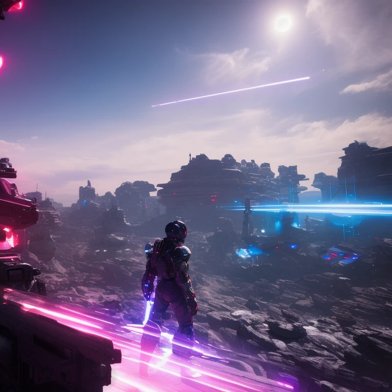art of A very intense futuristic science-fiction battle scene, battlefiled, 2042, on earth, many futuristic soldiers men males in military suit and they are far beyond, center focus, scifi style, very beautiful detailed sky and clouds, glowing pink and cyan with vivid colors, dynamic lighting, cinematic lighting, neon, atmosphere lighting,high details,detailed features, ray tracing, high flare, 3D, cinematic lighting, dark shadows, unrealistic Engine 5 rendering,trending on artstation, 4k,extremely high details, ultra hd, hdr, 8k, extremely high details