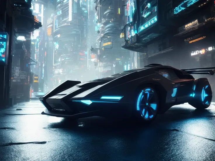 dark photo of single futuristic  Metallic texture cyberpunk flying car with futuristic cyberpunk landscape, cinematic concept art,cyberpunk color, masterpiece, rainy day, ray tracking, RTX, intricate, 3d, highly detailed, trending on artstation, 4k,extremely high details, ultra hd, hdr, 8k, extremely high details