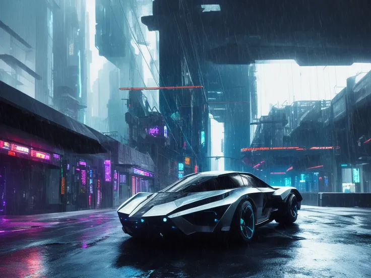 dark photo of single futuristic  Metallic texture cyberpunk flying car with futuristic cyberpunk landscape, cinematic concept art,cyberpunk color, masterpiece, rainy day, ray tracking, RTX, intricate, 3d, highly detailed, trending on artstation, 4k,extremely high details, ultra hd, hdr, 8k, extremely high details
