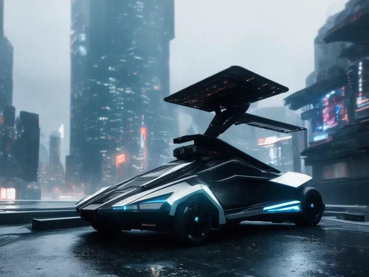 dark photo of single futuristic  Metallic texture cyberpunk flying car with futuristic cyberpunk landscape, cinematic concept art,cyberpunk color, masterpiece, rainy day, ray tracking, RTX, intricate, 3d, highly detailed, trending on artstation, 4k,extremely high details, ultra hd, hdr, 8k, extremely high details