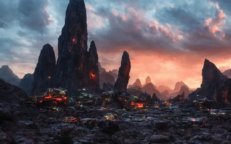 fantasy dystropic landscape, humans dying, dawn, cloudy sky, mountains, illuminated machines in the rocks