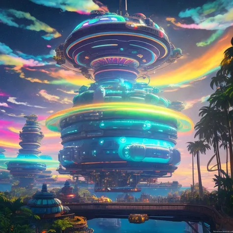 mythical, gleaming, Gravity-defying hovercraft, A gas giant with swirling, multicolored clouds, dotted with floating sky cities built by an advanced civilization., Alien Jungle, Virtual reality arcade