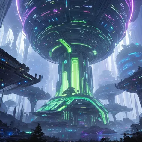 spectral, expansive, Teleportation pod, A world covered in dense, otherworldly forests, where the trees emit a bioluminescent glow during the long nights., Cyberpunk City, Galactic council chamber