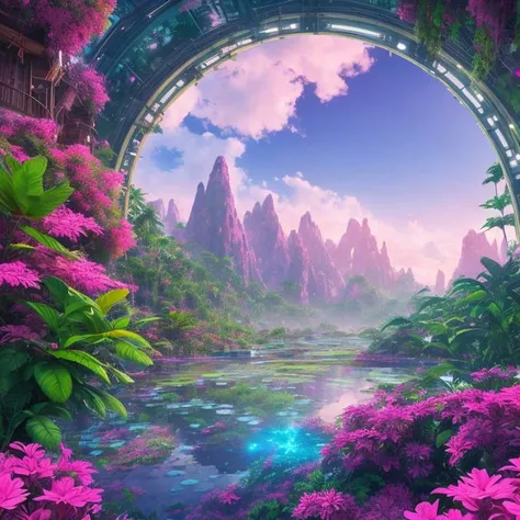 visionary, Planetary terraforming station, Artificial intelligence marketplace, A lush, jungle-covered world teeming with vibrant flora and diverse fauna, under a magenta sky., Frozen tundra with icy mountains