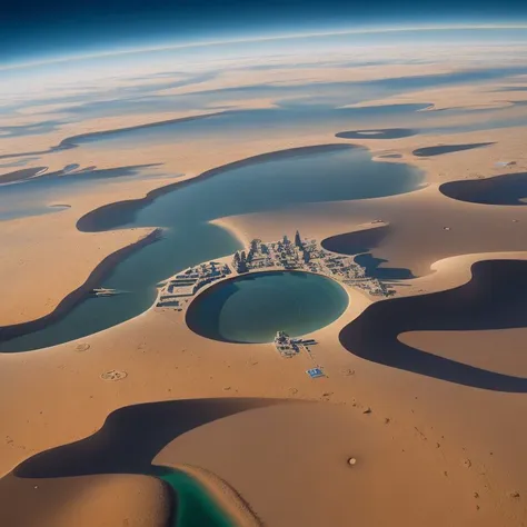 gliding, City floating in the clouds, Floating Islands, A barren desert planet with extreme temperature fluctuations and towering sand dunes stretching across its surface., Spaceship