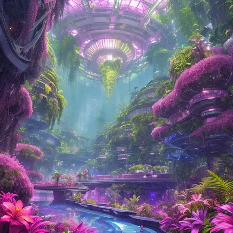 extraterrestrial, gigantic spaceship hangar, A lush, jungle-covered world teeming with vibrant flora and diverse fauna, under a magenta sky., Underground Colony, werewolf, unicorn, sphinx