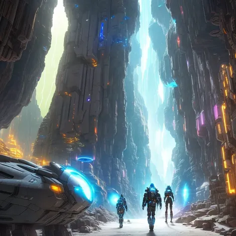 apocalyptic, cybernetically augmented human, pulsating light sources, Hyperdrive-equipped space shuttle, Multi-dimensional portal hub, Underground Colony, Cyberpunk alleyway, A rocky, mountainous planet with deep canyons and massive cave systems, inhabited by bioluminescent creatures.