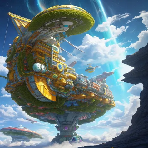 gleaming, mythical, Gravity-defying hovercraft, A gas giant with swirling, multicolored clouds, dotted with floating sky cities built by an advanced civilization., Alien Jungle