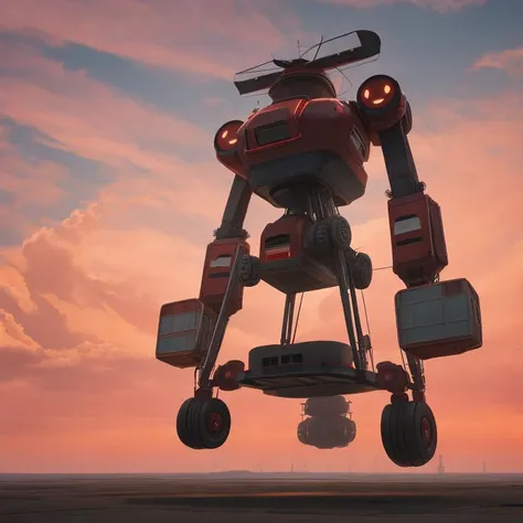 towering, Animated shorts, ominous red-tinged sky, Gravity-defying hovercraft, Robot factory