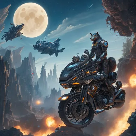 mechanized, werewolf, brave space explorers, Anti-gravity motorcycle, Space pirate hideout