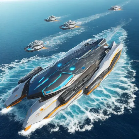 innovative, astral, Cybernetic-enhanced spacecraft, An ocean world with no visible landmasses, inhabited by intelligent, telepathic marine life forms., Floating Islands