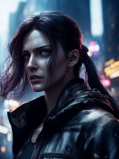 woman stands in the cyberpunk city, looking at the camera, dark and gloomy full body 8k unity render, photorealistic digital art trending on Artstation 8k HD high definition detailed realistic, 33 years old, long black hair, ponytail, ((clean cheeks)), (clean face), cyberpunk city on the background, futuristic city, 24 century, action shot, tattered torn shirt, detailed skin, skin pores, hdr, cinema shot, heavy shadows, detailed, detailed face, (vibrant, photo realistic, realistic, dramatic, dark, sharp focus, 8k)
