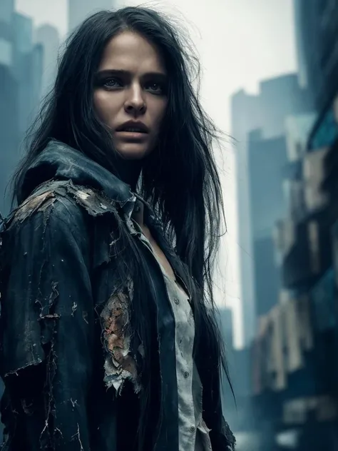 woman stands in the cyberpunk city, <lora:person_Lubov_Aksenova:0.6>, looking at the camera, dark and gloomy full body 8k unity render, photorealistic digital art trending on Artstation 8k HD high definition detailed realistic, 33 years old, long black hair, ponytail, ((clean cheeks)), (clean face), cyberpunk city on the background, futuristic city, 24 century, action shot, tattered torn shirt, detailed skin, skin pores, hdr, cinema shot, heavy shadows, detailed, detailed face, (vibrant, photo realistic, realistic, dramatic, dark, sharp focus, 8k)