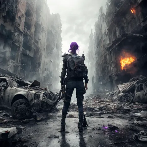 (best quality and ultra-realistic) masterpiece of a wasteland punk, dystopian, barren, and gritty atmosphere,(1girl/boy) with heavy leather clothing, detailed cyberpunk prosthetics, worn-out boots, scars, goggles, and gas mask. Smoke, dust, and ruins of civilization in the background.