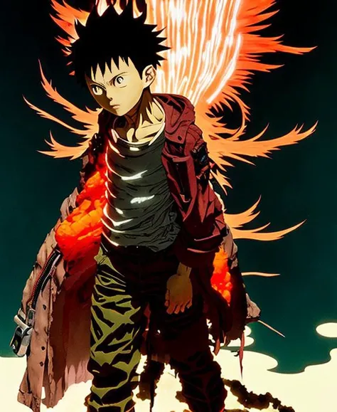 tetsuo from akira, orange spike aura in motion, damaged japanese clothes, floating pieces, painted by art by tsuyoshi nagano, greg rutkowski, artgerm, alphonse mucha, spike painting
