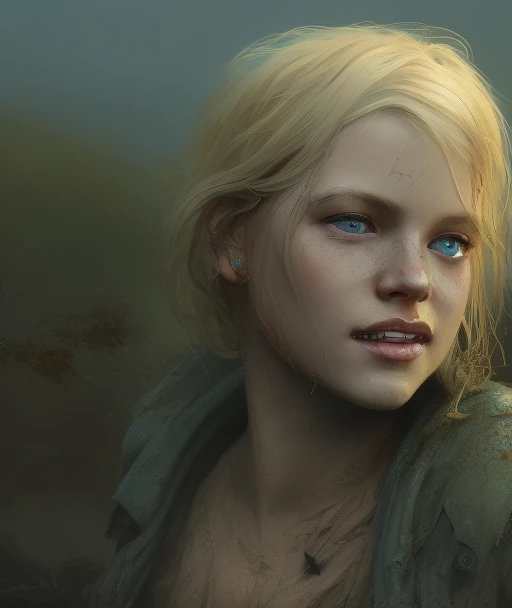 young happy blonde girl with torn old clothes in the mud,swamp background,victorian, concept art, detailed face, fantasy, highly detailed, cinematic lighting, digital art painting by greg rutkowski,4k