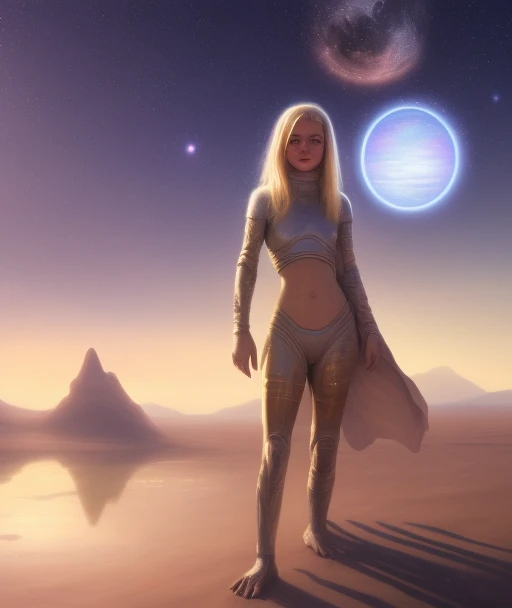 young happy blonde girl with alien clothes in the crystaline water,alien world desert with contructions background,planets in heaven,warm heat ,victorian,natural daylight, concept art, detailed face, fantasy, highly detailed, cinematic lighting, digital art painting by greg rutkowski,4k