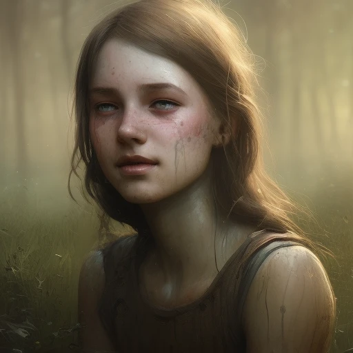 young happy girl in the mud,swamp background,victorian, concept art, detailed face, fantasy, close up face, highly detailed, cinematic lighting, digital art painting by greg rutkowski