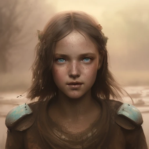 young happy girl in the mud,swamp background,victorian, concept art, detailed face, fantasy, close up face, highly detailed, cinematic lighting, digital art painting by greg rutkowski,4k