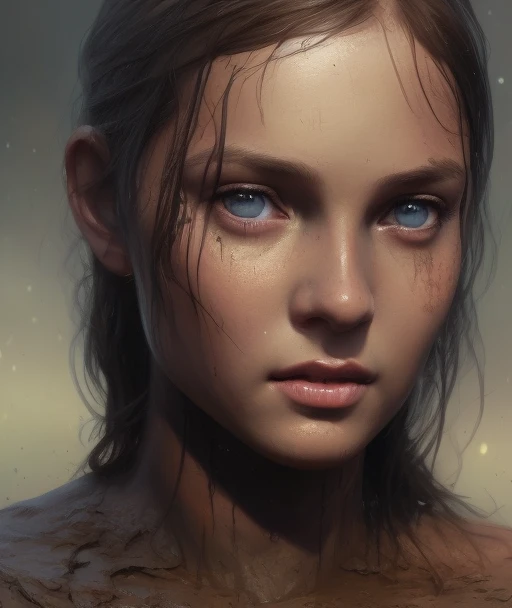 young happy girl in the mud,swamp background,victorian, concept art, detailed face, fantasy, close up face, highly detailed, cinematic lighting, digital art painting by greg rutkowski,4k