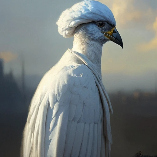 block paint depicting a bird wearing a white turban in an environment, posed portrait study, wearing a blue coat, harsh night lighting, rimlight, backlit, light rays, highly detailed, trending on artstation