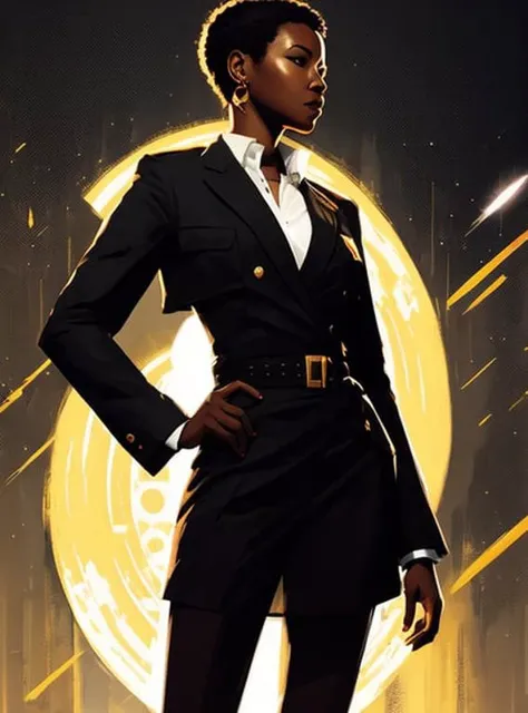 full body portrait of a beautiful young Congolese lady, short hair, (sci-fi:1.2), masterpiece, intense shadows, ambient light, illustration, (thick outlines:1.2), cartoon, highres, drawn by Inoue Takehiko, (Yoji Shinkawa:0.9), Jakub Rozalski, (kuvshinov:1)