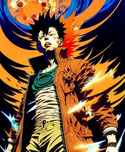 tetsuo from akira, orange spike aura in motion, damaged japanese clothes, floating pieces, painted by art by tsuyoshi nagano, greg rutkowski, artgerm, alphonse mucha, spike painting