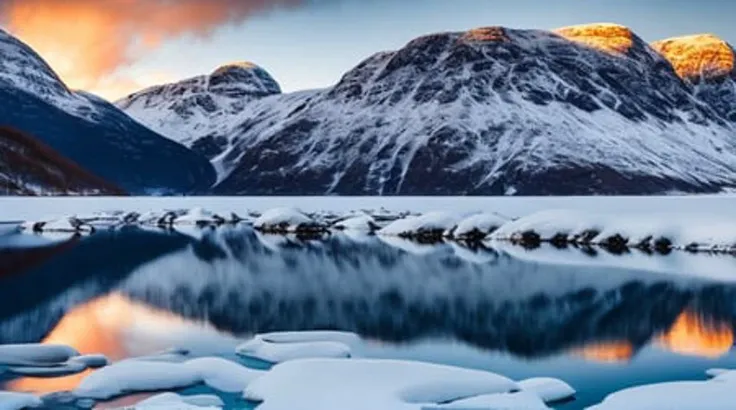 a beautiful norway landscape, water, mountains, refractions, snow, realistic, cold colors, antview, natural, sunset, ((sharp focus))
