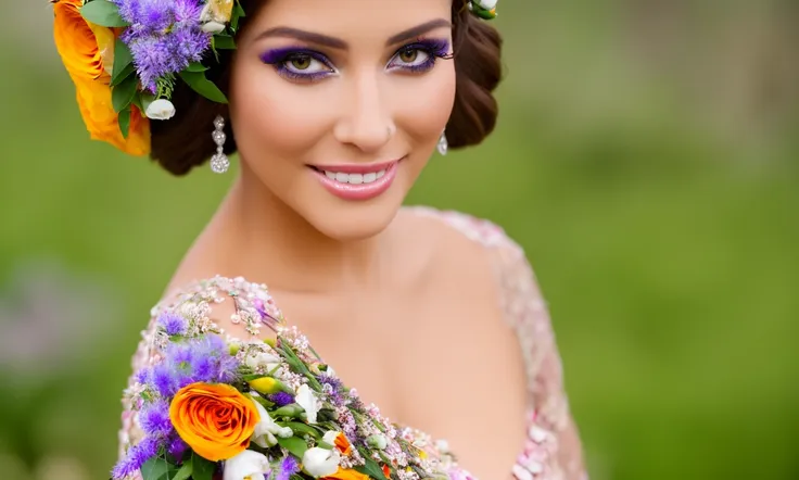 masterpiece, best quality, highres, realistic, wide shot, full shot,full shot, full body,(flowers covered dress:1.4),looking at viewer,a girl wore royal dress that exposed his abs and thighs,Her has flower crowns, digital art, fantasy, solo, 1girl,beautifly, abs, realistic, large pectorals, navel, underwear, nipples,royal crowns,beautifly girl, brown eyes,black hair, looking at viewer,grasslands,