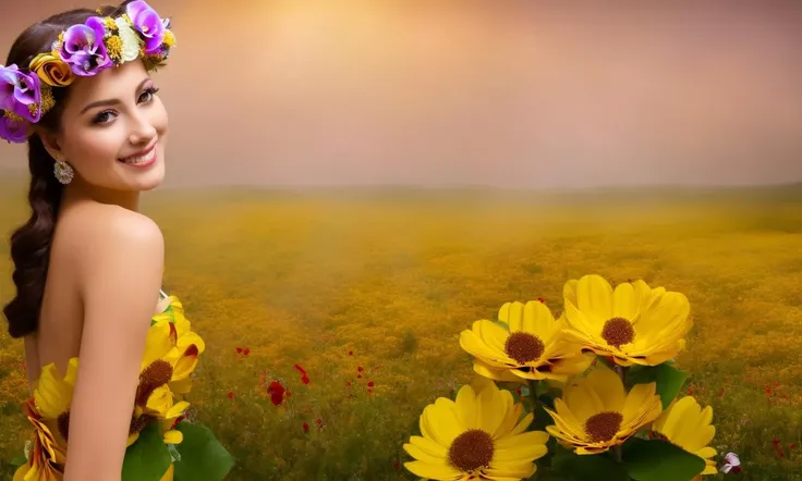 masterpiece, best quality, highres, realistic, wide shot, full shot,full shot, full body,(flowers covered dress:1.4),looking at viewer,a girl wore royal dress that exposed his abs and thighs,Her has flower crowns, digital art, fantasy, solo, 1girl,beautifly, abs, realistic, large pectorals, navel, underwear, nipples,royal crowns,beautifly girl, brown eyes,black hair, looking at viewer,grasslands,