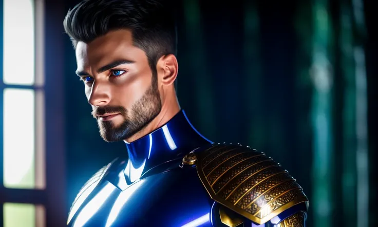 16k, vibrant, photo realistic, realistic,dramatic, dark, sharp focus,(photorealistic),full body,
male,black yonder hair, wearing armor, at clean log cabin, action shot, (latexsuit:body:0.1),blue glowing veiny,shiny skin, detailed intricate iris,vase,heavy shadows, detailed, detailed face,