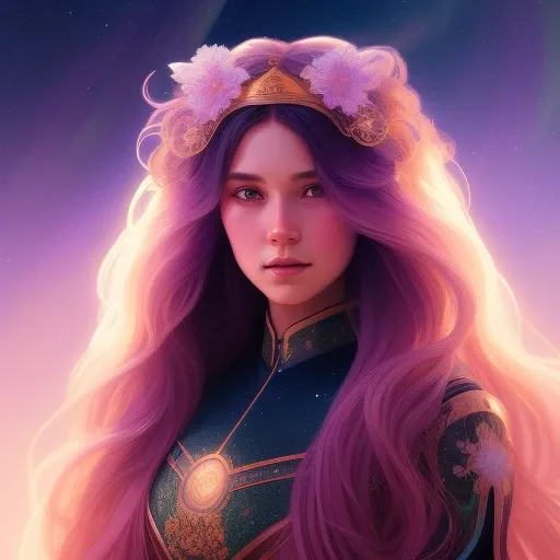 aurora, girl with super long hair, hair becoming bright stars, intricate, highly detailed, digital painting, artstation, concept art, smooth, sharp focus, illustration, unreal engine 5, 8 k, art by artgerm and greg rutkowski and alphonse mucha