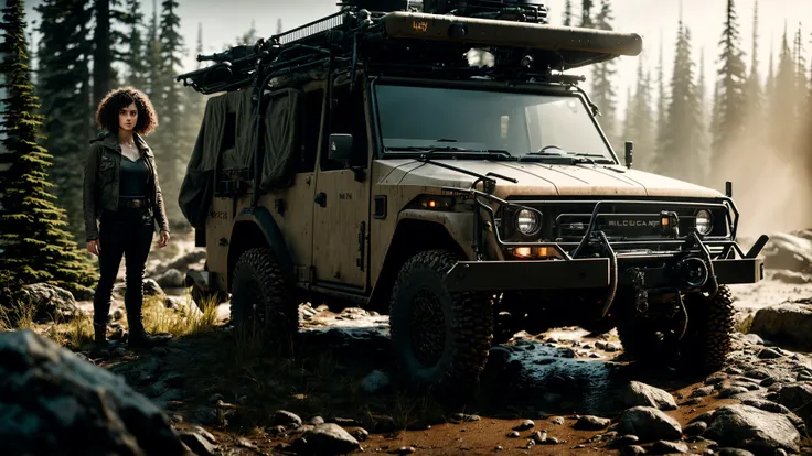 a prominent (woman) in the foreground leaning against a vehicle, short curly hair, gaunt face, digital concept art, post-apocalyptic survival horror, full body, narrow angle, realistic, intricate detailed textures, Pacific Northwest, liminal space, filmic, cinematic, shallow depth of field, wide aperture, bokeh AND a rugged offroad vehicle beside a woman, bundled supplies on roof rack, digital concept art, post-apocalyptic survival horror, narrow angle, realistic, intricate detailed textures, Pacific Northwest, liminal space, filmic, cinematic, shallow depth of field, wide aperture, bokeh