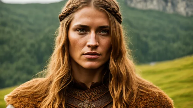 dazed norse viking, thin female, caramel skin, russet hair, brown eyes, digital concept art, medieval Scandinavian castle, realistic, intricate detailed textures, filmic, cinematic, shallow depth of field, wide aperture, environmental character portrait