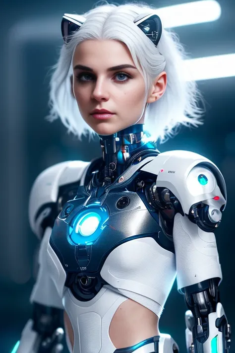 a beautiful cute (kitten girl) cyborg with white hair, (((photo realistic))), 4k, hdr, intricate, octane render, ((volumetric lighting)), sharp focus, vignette, trending on artstation, cgsociety,