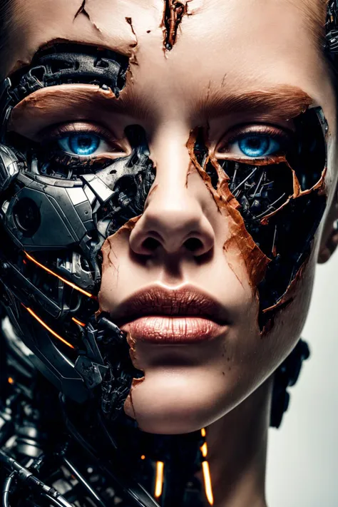RAW photo, hyper-realistic, Generate a realistic image inspired by the Terminator franchise, depicting the face of a battle-damaged female cybernetic organism. The face is divided into two halves: on the left side, the visage appears to be that of a resilient woman, with lifelike skin,highly detailed eyes and skin, delicate features, and signs of determination. On the right side, however, the illusion of humanity is shattered, revealing the exposed, damaged exoskeleton beneath the surface of the skin.
Render the human side of the face with meticulous attention to detail, capturing the intensity and grit of a battle-hardened warrior. Utilize high-resolution textures to depict the resilient skin, portraying a mix of determination, sweat, and possibly a few battle scars. Enhance the realism by incorporating dynamic lighting techniques that emphasize the character's determination and strength, casting shadows that add depth and intensity to the facial expression.
On the damaged robotic side, reveal a combination of damaged and torn skin that exposes the metallic exoskeleton beneath. The skin should appear to be peeling or partially torn, revealing the intricate machinery situated beneath it. Employ advanced AI rendering techniques to bring out the details of the exposed exoskeleton, showcasing the battle-inflicted scars, ruptured joints, and sparks of malfunctioning circuitry. The metallic exoskeleton should be positioned deeper within the face, conveying the sense that it resides beneath the torn skin.
Create a contrast between the warm, human side and the cold, damaged robotic side by utilizing a lighting scheme that highlights the stark divide between organic and artificial elements. Experiment with lighting angles to accentuate the battle damage and provide depth to the damaged robotic side. Use orange lighting on the damaged side to create an otherworldly and menacing atmosphere, while also highlighting the exposed exoskeleton beneath the torn skin.
In the background, incorporate a dystopian environment that further enhances the sense of destruction and battle. Utilize smoky atmospheres, crumbling structures, or shattered remnants of technology to reinforce the theme. This backdrop will enhance the overall atmosphere and convey a post-apocalyptic setting.
Ensure that the final image effectively portrays the resilience and battle-worn nature of the female Terminator, juxtaposing the vulnerability of human skin with the exposed exoskeleton beneath the damaged surface. The attention to detail, realistic rendering, and careful lighting techniques, including the use of torn skin and the placement of the exoskeleton deeper within, will contribute to a visually captivating and immersive representation of the battle-damaged female Terminator's face.
<lora:add_detail:1.5> <lora:bhands-neg:1> <lora:Noiseoffset:0.5>