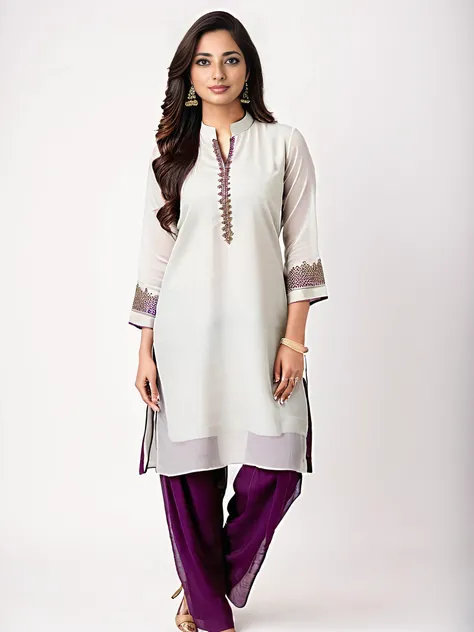 professional portrait photo, fully dressed, stunning looking, 25-year-old, wearing elegant Aubergine Pants_kurta, simple white matte background, desilatte