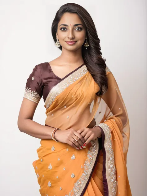 professional portrait photo, fully dressed, pretty, 25-year-old, wearing intricate Apricot Dhoti Saree, simple white matte background, desiespresso