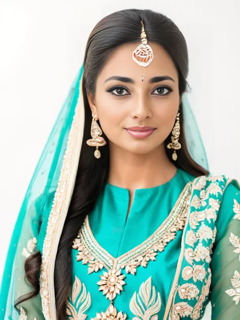 professional portrait photo, fully dressed, stunning looking, 25-year-old, wearing intricate Turquoise Anarkali Suit, simple white matte background, desimocha