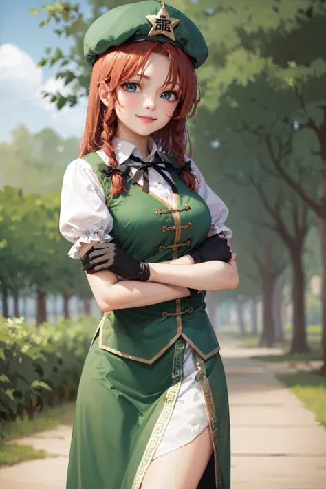 (masterpiece, best quality:1.2), <lyco:touhou_meiling-16:1.0>, cowboy shot, solo, 1girl, hong meiling, smile, looking at viewer, crossed arms, twin braids, hat, star hat ornament, chinese clothes, vest, puffy short sleeves, (black fingerless gloves:1.1)