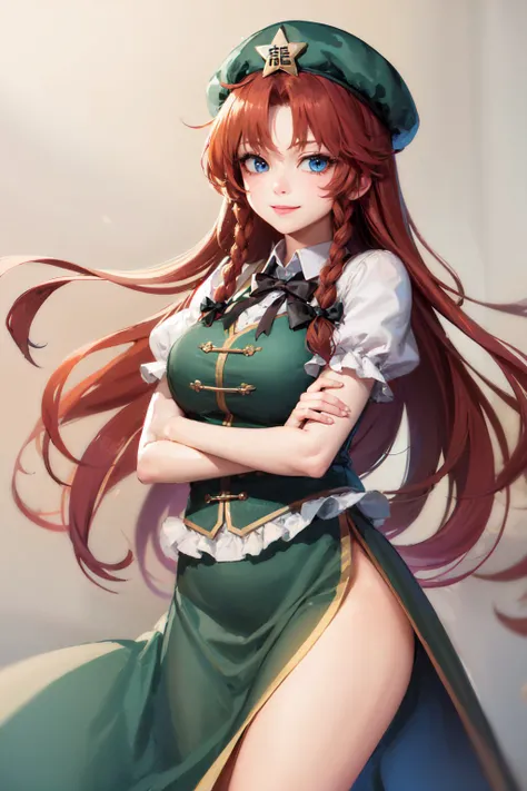 (masterpiece, best quality:1.2), <lyco:touhou_meiling-16:1.0>, cowboy shot, solo, 1girl, hong meiling, smile, looking at viewer, crossed arms, twin braids, hat, star hat ornament, chinese clothes, vest, puffy short sleeves, (black fingerless gloves:1.1)