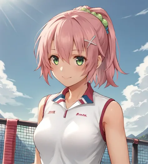 no bra, Udu, protruding nipples, Pink hair, 1 woman, masterpiece, best quality, best quality, delicate and dynamic, very delicate expression, delicate eye description, erotic, only sexy woman, ((cute and friendly face)), healthy appearance, ((25 year old woman)), 160cm tall, (Short hair), (pink hair:1.5), black eye, blush, sweat,best quality, masterpiece, tennis olympic stadium, sweat, Smiling, tennis olympic uniforms,